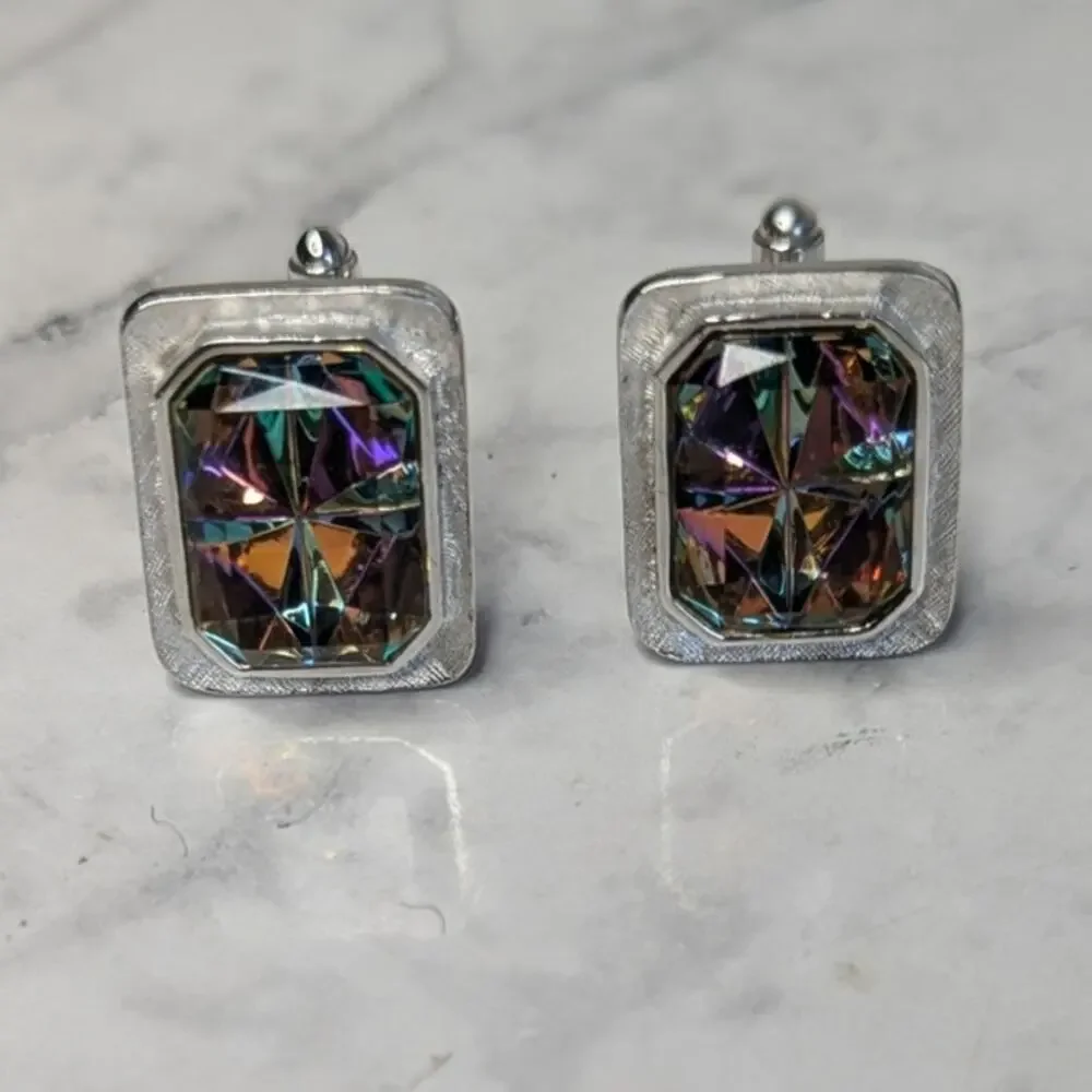 Vintage Silver toned large prizm square stone unsigned formal cufflinks mens